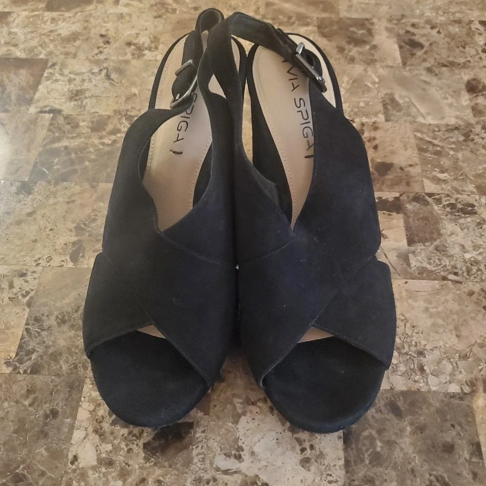 VIA SPIGA Suede Platform CrossStrap Slngbk Sandal Heels 7.5M Black Y2K going out